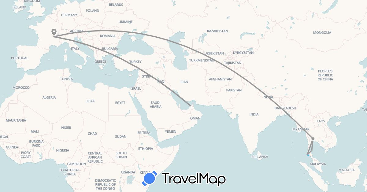 TravelMap itinerary: plane, boat in United Arab Emirates, France, Thailand (Asia, Europe)